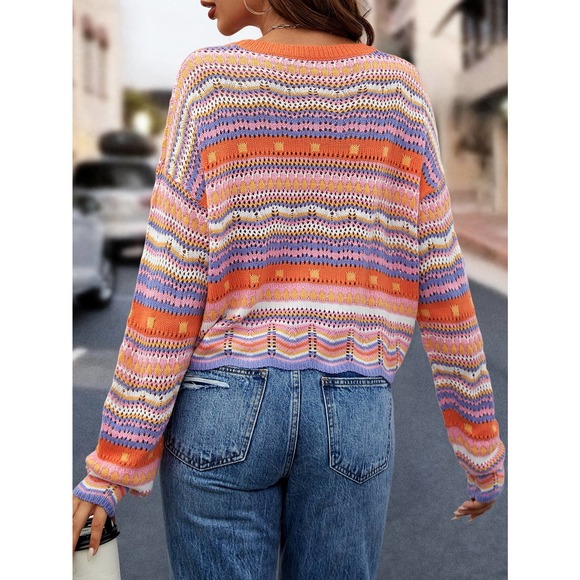 Striped 70s style vintage Pointelle Knit Sweater purple - Picture 2 of 11